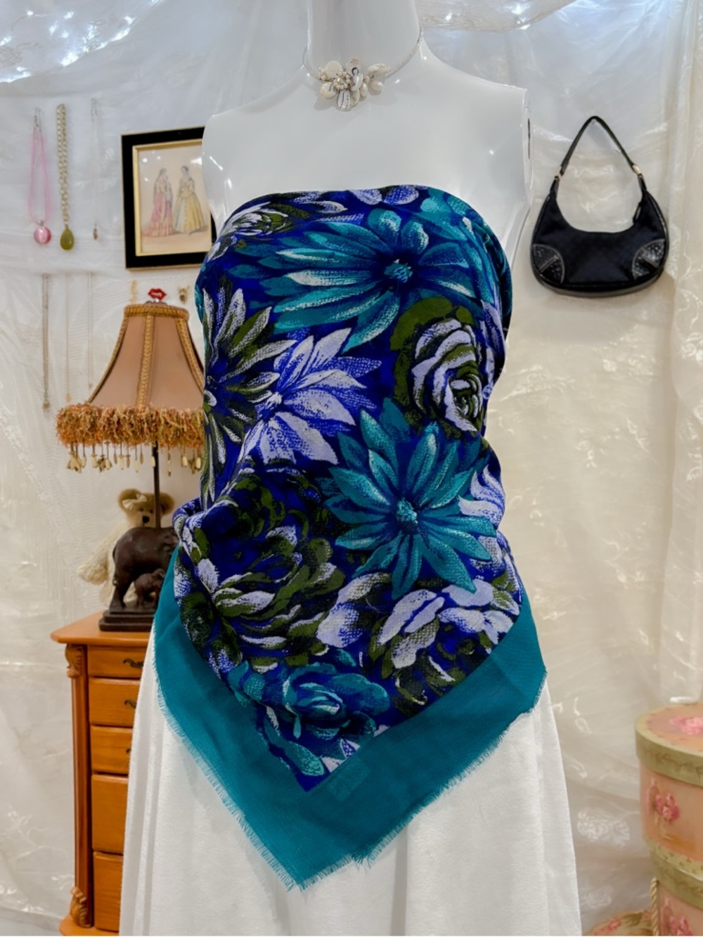 Whimsigoth floral vintage girly Japanese teal square scarf top - Picture 3 of 7